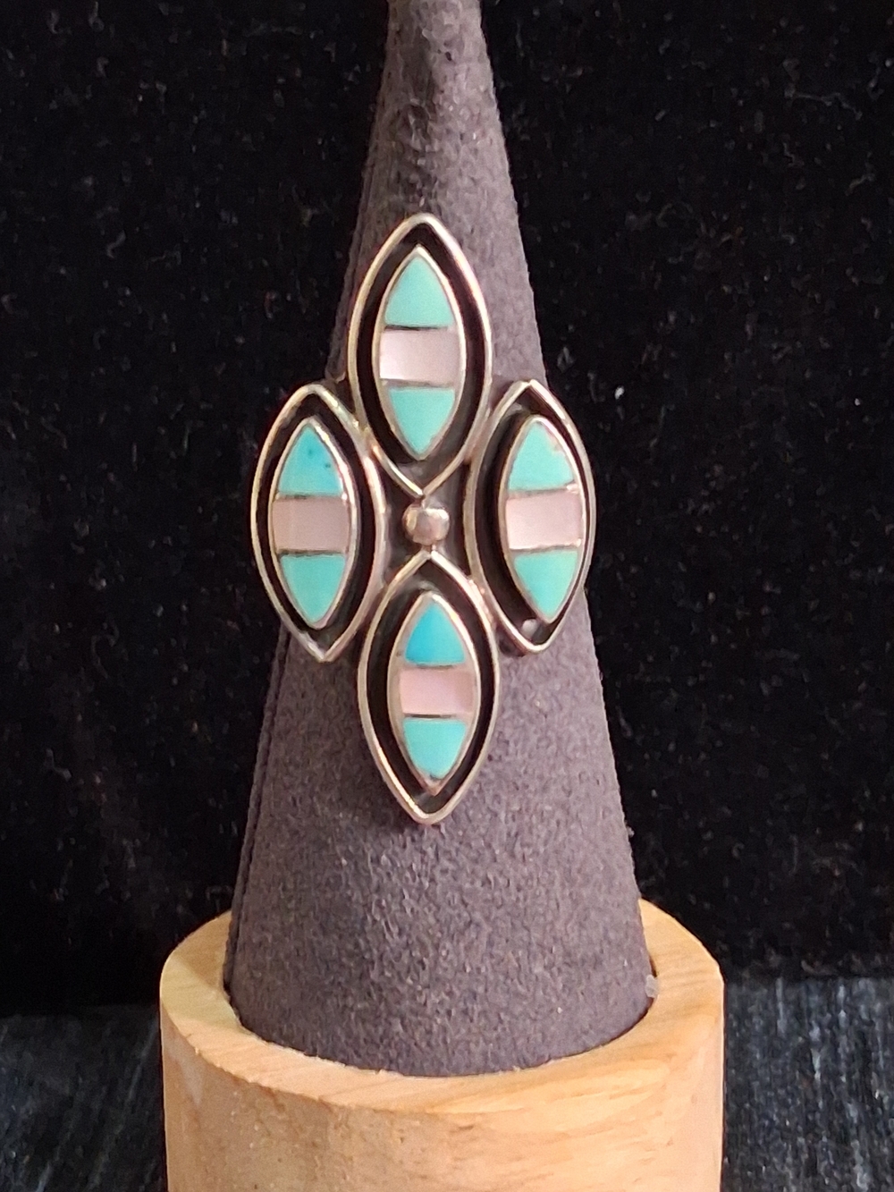 Vintage Zuni Native American Sterling Silver Turquoise Mother Pearl Inlay Ring